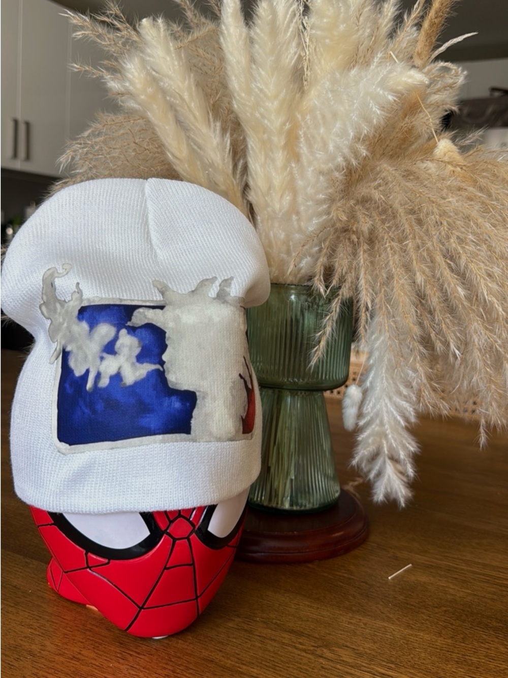 White Beanie Hat with Blue Graphic